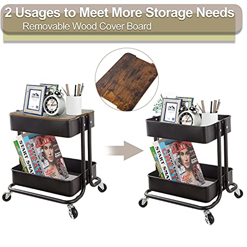 Melody House 2-Tier Metal Utility Rolling Cart Storage Organizer with Cover Board Mobile Trolley Sofa Side Table with Wheels for Office Home Kitchen Organization Black