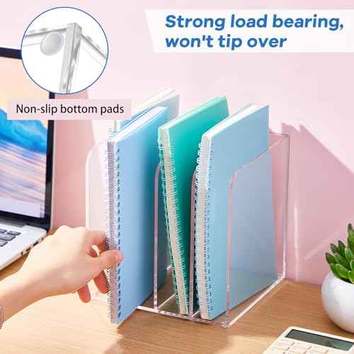 Suzile Clear Acrylic Magazine File Holder with Vertical Compartments Desk Organizer Book Rack for Desk Sorter Paper Folder Office Accessories(Stylish,7 x 6.9 x 6.3 Inch)