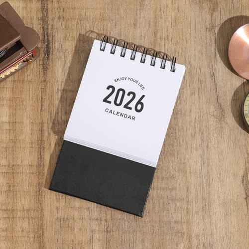 Mini Desk Calendar 2025-2026- Small Desktop Calendar Now to Dec 2026 Mini Daily Schedule Thick Paper Twin-Wire Binding with Stickers for Home Office School (Black-white)