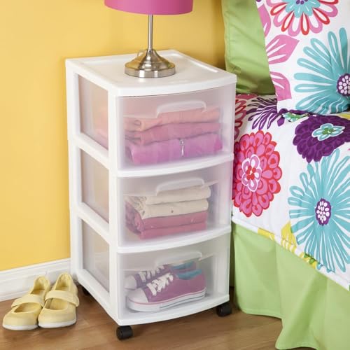 LovingStar Plastic Storage Drawer Cart with 3 Clear Drawers & Casters, Medium White