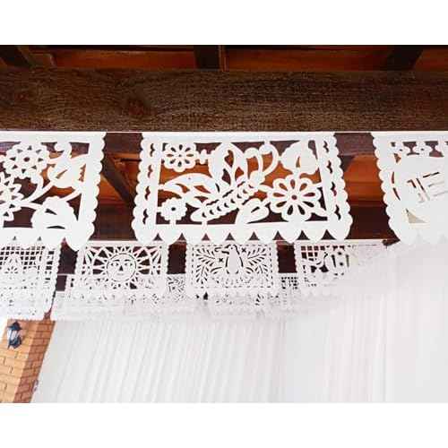 Mexican Flags Bulk White Papel Picado Banner Pack - Over 120 feet, Made from Elegant White Tissue Paper with a Mexican Spring Theme of Flowers, Birds, Suns and Butterflies.