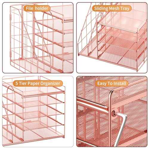 Marbrasse Desk Organizer with File Holder, 5-Tier Paper Letter Tray, Mesh Desk Accessories, Magazine Holder, Desktop Organizer and Storage for Office Supplies, Rose Gold