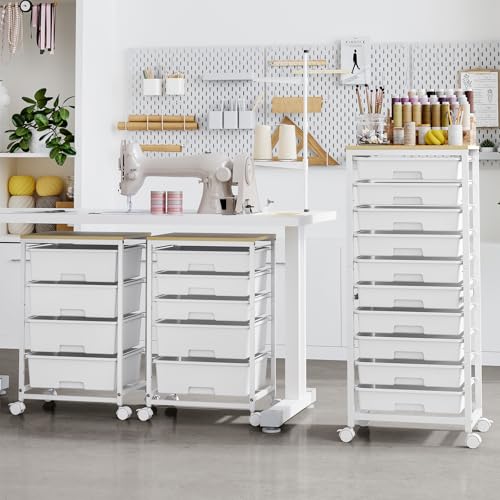 SYKIARIOL Rolling Cart with 10 Drawers - White, Metal Wood Plastic, Lockable Wheels