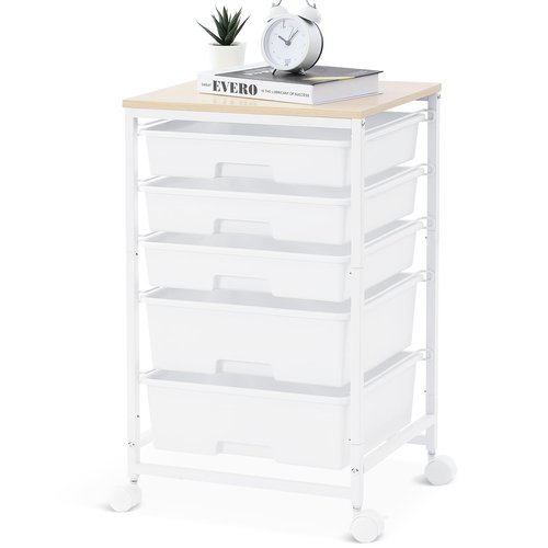 SYKIARIOL Utility Cart with 5 Drawers,Storage Drawer Cart with Wooden Tabletop and Lockable Wheels,Craft Storage Trolley Cart,5-Tier Rolling Utility Cart on Wheels,Bright White