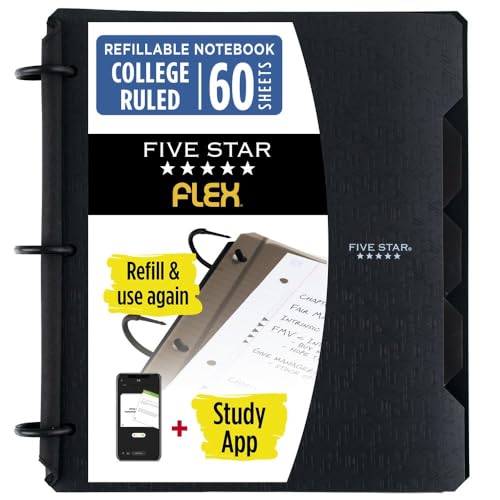 Black Five Star Flex Refillable Notebook with 1-Inch TechLock Rings & Study App, 200 Sheets