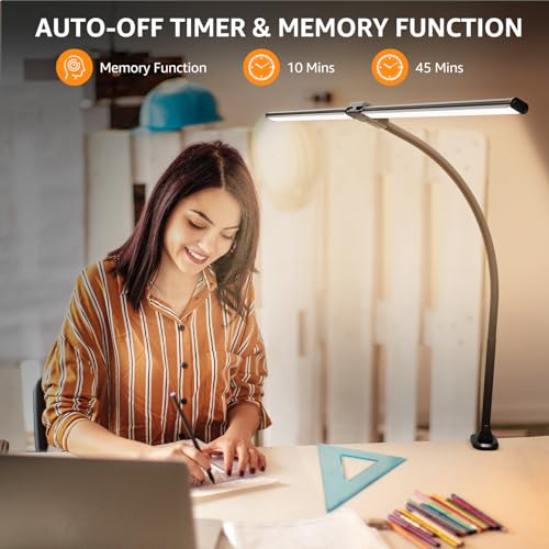 ShineTech Led Desk Lamp for Office Home, Bright Double Head Desk Light with Clamp, Architect Task Lamp 50 Lighting Modes Adjustable Flexible Gooseneck Lamp