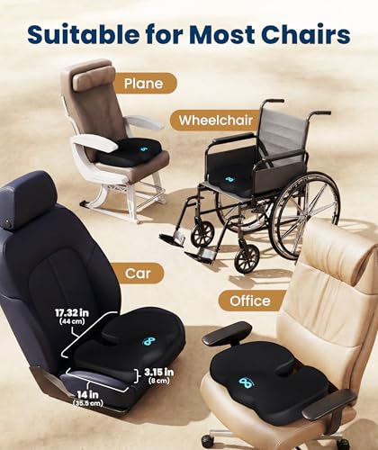 Everlasting Comfort Memory Foam Seat Cushion for Office & Car – Large Black, Ergonomic Tailbone Support