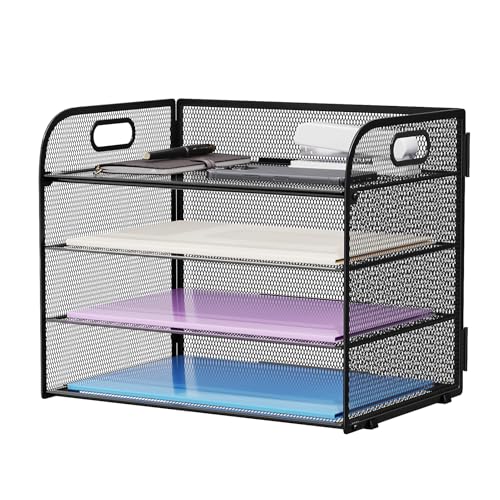 Marbrasse 4-Tier Mesh Letter Tray Desk Organizer with Handle, Black, 12.6 x 9.1 x 9.1 inches