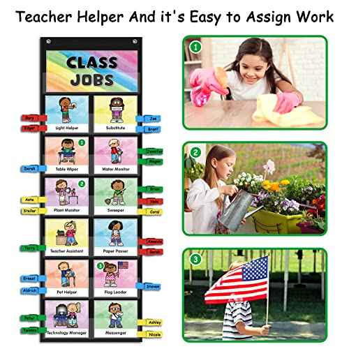 ABCxGOOD Class Jobs Pocket Chart Class Management Educational Pocket Chart Teacher's Helper, Preschool Classroom Must Haves Supplies, Great for Classroom Homeschool. (Black) (Black, 29.5"*10")