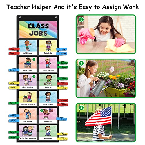 ABCxGOOD Classroom Jobs Pocket Chart Black 29.5 x 10 inches with 40 Cards