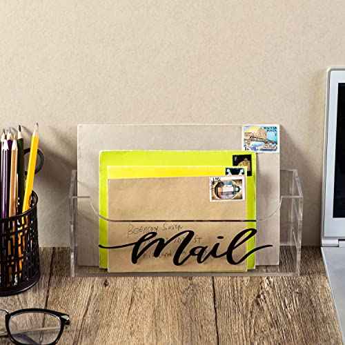 MyGift Premium Clear Acrylic Mail Holder with Decorative Black Cursive Mail Label, Modern Wall Mounted or Tabletop Mailbox, Letter Storage Organizer Box