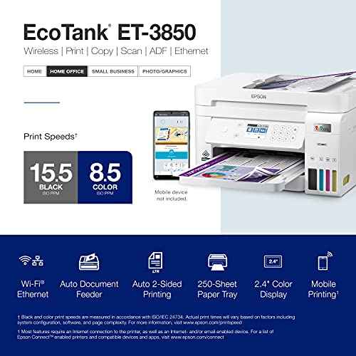 Epson EcoTank ET-3850 Wireless Color All-in-One Cartridge-Free Supertank Printer with Scanner, Copier, ADF and Ethernet ? The Perfect Printer Home Office,White
