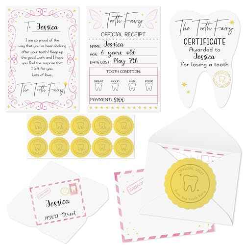 Mini Tooth Receipt Set - 20 Set Pink Tooth Cards with Envelope and Fairy Letter for Kids, Lost Teeth Certificate Keepsake Postmark Gift Bag with Seal Stickers for Girls Boys Home School Award