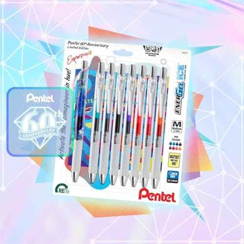 Pentel EnerGel Expressions, 60th Anniversary Limited Edition Pack, ICE Liquid Gel Pens, (0.7mm) Medium Line, Assorted Ink Colors, Pack of 8 (BL77TLABP8M)