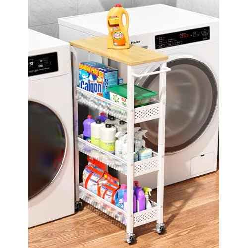 Utility Slim Storage Cart, 4 Tier Small Rolling Kitchen Laundry Room Cart with Wood Top, Metal Narrow Bathroom Storage Cabinet Mobile Shelf Unit Organizer Trolley with Handle for Narrow Space
