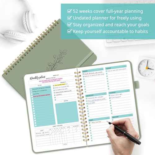Undated Weekly Planner, Weekly To Do List Notebook with Goal & Habit Tracker Organizer, A5 Weekly Planner Notebook with Spiral Binding, 6.1" x 8.2" - Green