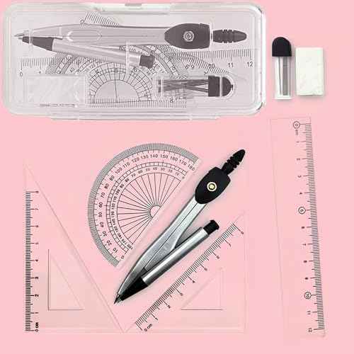 7 PCS Metal Circle Gauge Plus Set of Rulers Geometry Set Math Protractor and Drawing Use
