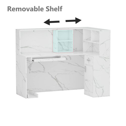 AIEGLE Reception Desk with Counter Drawers & Storage Shelves, L-Shaped Reception Counter Table for Salon Reception Room Checkout Office, Marble White (55.9" L x 32.3" W x 48.4" H)