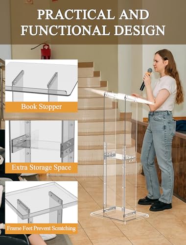 ClarityCraze White Acrylic Podium Stand with Storage Shelf, 45.5" Lectern for Classroom & Events