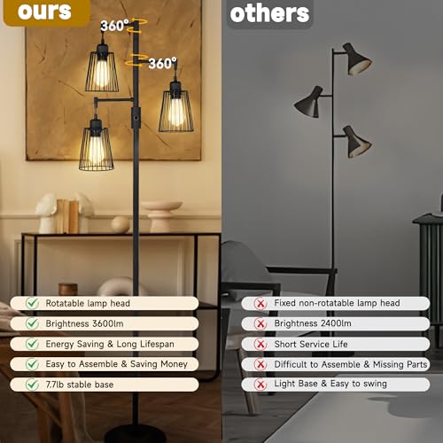 COFF Industrial Floor Lamp, 3 x 1200LM Edison LED Bulbs Included, Bright 3-Light Dimmable Floor Lamp, Farmhouse Tall Standing Lamp for Living Room, Bedroom Office Rustic Home Decor (Matte Black)