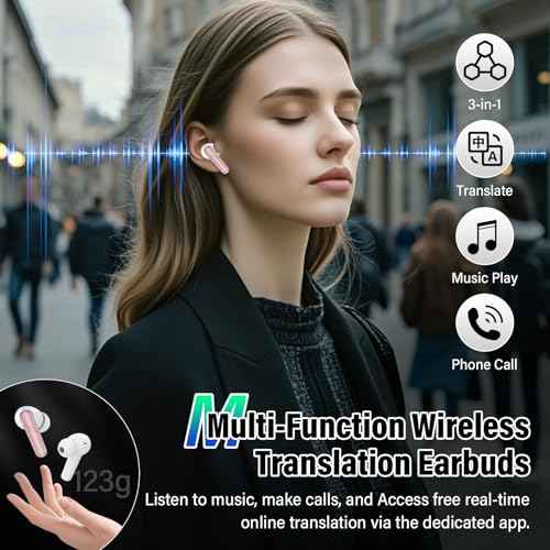 AI Translation Earbuds Real Time, 144 Language Translator Earbuds 3-in-1 Translation Headphones for iPhone and Android with 6 Translation Modes, Translating Device for Travel/Business/Learning, Rose