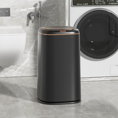 Sooyee 40L Automatic Trash Can with Lid,10.5 Gallon Bathroom Trash Can Smart Motion Sensor for Bedroom, Bathroom, Kitchen, Office,Black+Gold Border Trash Bin,3 Opening Modes