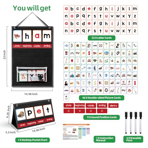 CVC Word Builder Desktop Pocket Chart with 107 Cards, Kids Word Builder Games for CVC CVCC CCVC Learning Reading Spelling Early Education Tool for Preschool Kindergarten Classroom.