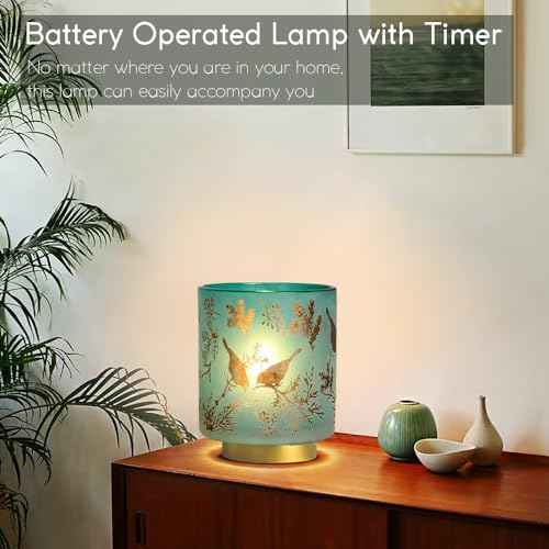 Battery Operated Lamp with Timer, Cordless Table Lamps for Room Decor,Small Table Lamp with LED Bulb, Glass Lamps Beside Table Light for Living Room,Bedroom (Blue)