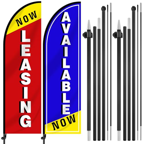2 Pcs Now Leasing/available 10 ft Swooper Feather Flags Set Advertising Flag Banner with 5 Poles and 1 Stand Swooper Sign Poles Kit Advertising Signs for Retail Stores Business