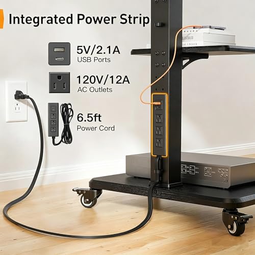 Perlegear Black Mobile TV Stand for 32-75 Inch TVs with Power Outlet & Adjustable Height