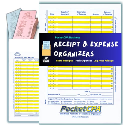 PocketCPA 3-in-1 Receipt Organizer Envelopes with Expense & Auto Mileage Log – 12 Pack, 9.5 x 6.5 in