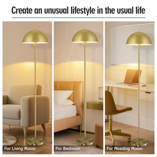 Modern Gold Floor Lamps for Living Room 66Inch, Tall Industrial Floor Lamp, Metal Standing Lamp with Mushroom Dome Shade, Mid Century Loft Corner Reading Lamp for Bedroom Office Nursery Room, NO BULB