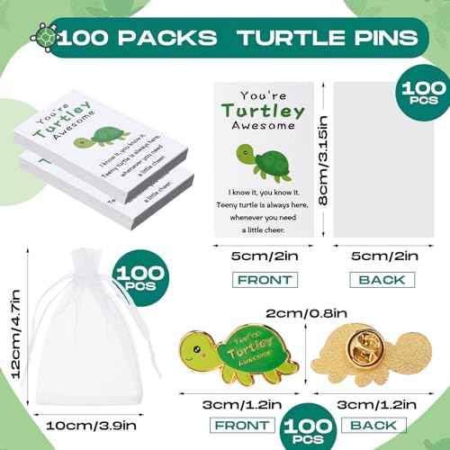 Juexica 100 Sets Employee Appreciation Gifts Bulk Positive Turtle Pins You're Awesome Inspirational Notecard Thank You Gift for Coworker Staff Volunteer Teacher Students Christmas Favor (Green)