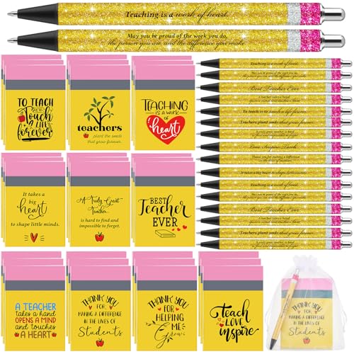 ReliThick 50 Sets Christmas Teachers Notebook Pens Bulk Teacher Appreciation Gift Inspirational Notebook Journal Glitter Ballpoint Pens with Organza Bag for Woman Coworker Staff Office