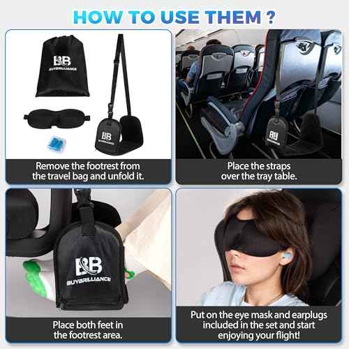 Buybrilliance 2 Pack Foot Hammock for Airplane Travel Adjustable Plane Leg Rests with Memory Foam Support, Portable Footrests for Long Flights, Includes Eye Mask & Earplugs