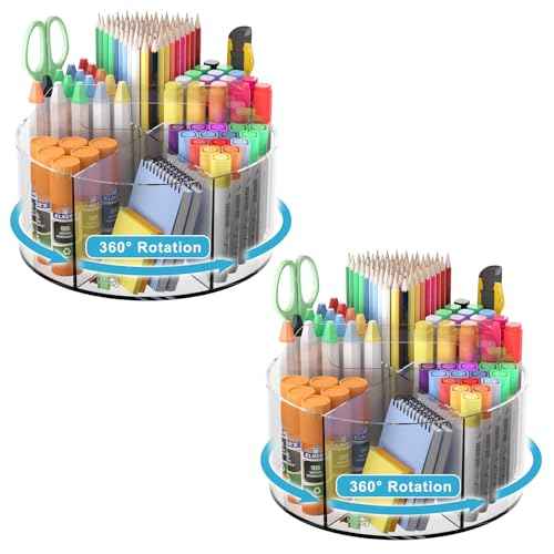 Acrylic Desk Organizer Clear Pen Holder 2 Packs, 360 Degree Pencil Holder for Desk Kids, Rotating Lazy Susan Organizer for School Supplies, Marker Holder Art Supply Storage Organizer with Dividers