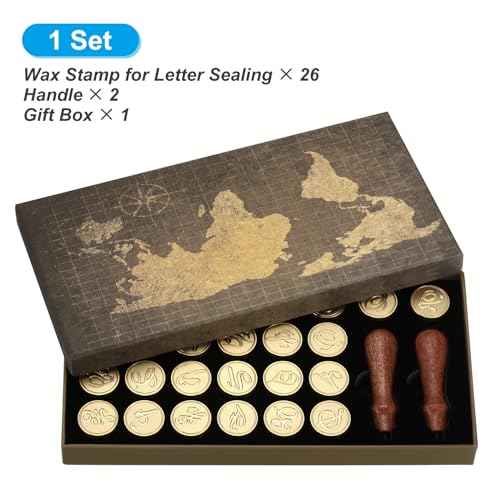 PATIKIL Alphabet Wax Seal Stamp Kit, 26 Letters A-Z Sealing Wax Stamp with 2pcs Wooden Handles, Gift Box Letter Initial Brass Head Vintage, Style 3