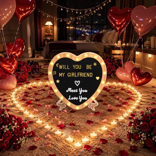 Stremnd Black Felt Letter Board with LED Heart Lights - 10x10 Inch Custom Sign & Stand, 530 Letters for Announcements & Decorations