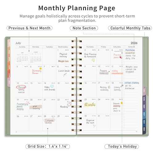 RETTACY 2026 Planner, Weekly and Monthly, Medium Size (5.7" x 8.3"), 2026 Calendar, Jan 2026 - Dec 2026, 12-Month Tabs, Flexible Plastic Cover, 100 GSM Thick Paper, Spiral-bound (Light Green)