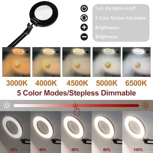 12X Magnifying Glass with Light and Stand, Magnifier with Light Hands Free, 2-in-1 & 5 Color Modes LED Lighted, Magnifying Reading Lamp for Craft Hobby Reading Painting Sewing Close Work