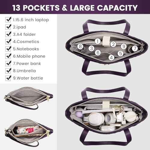 LOVEVOOK Laptop Bag for Women, Stylish Diamond Quilted Work Tote with Clutch Purse, 15.6-inch Purple Tote