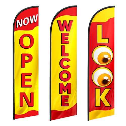 Open Flags for Businesses, Advertising Flags for Outside, Restaurant and House, Look, Welcome, Now Open Banner, Set of Three Feather Flag 12ft x 2.5ft (Pole not included)
