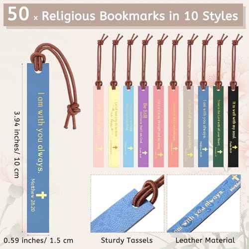Spakon 50 Sets Christian Gifts for Women, Leather Christian Bookmarks Inspirational Religious Pens Motivational Scripture Bible Verse Bookmarks with Bag for Sunday School Church Teacher Employee Team