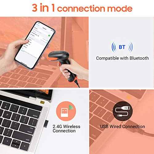 Tera Wireless 2D QR Barcode Scanner with Stand, 3 in 1 Compatible with Bluetooth & 2.4GHz Wireless & USB Wired Barcode Reader Handheld Bar Code Reader HW0001