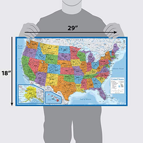Blue Palace Learning Laminated USA Map Wall Chart - 18x29 Inches, Updated