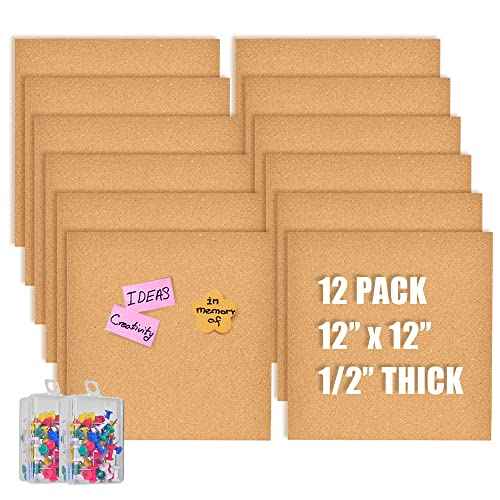 12x12 Cork Board Tiles Bulletin Board, 1/2" Thick Small Square Cork Boards for Walls, Self-Adhesive Cork Tiles for Home, Office, School, Bulletin Board Decorations(12mm,12pc)