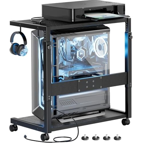 JANE EYRE PC Tower Stand - Adjustable Computer Tower Stand with Charging Station CPU Holder with Wheels for Home Office Gaming, Upgraded Larger Size 25.9" to 34.9" Height