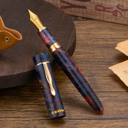 Asvine Stabilized Wood Fountain Pen C2000 Number 8 Fine Nib Large Handcraft Unique Pattern Pen with Converter Pen Box Collection Set- Sunset