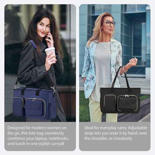 Women Laptop Tote Bag with Insulated Lunch Compartment,15.6'' Teacher Work Computer Bag,Large Water-Resistant Messenger Shoulder Bag with Multi Pockets for Office/College/Travel-Black