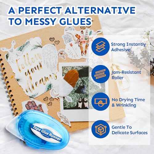 4 Pack Double Sided Tape Roller, 8mm x 315 Inch Permanent Adhesive Scrapbook Tape Dispenser Runner, Glue Tape Roller for Scrapbooking, Crafts and Arts Projects, Photo-Safe, Smooth & Clean